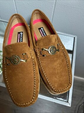 Rocawear Men's Tan Suede Slip-On Loafers with Branded Metal Bit